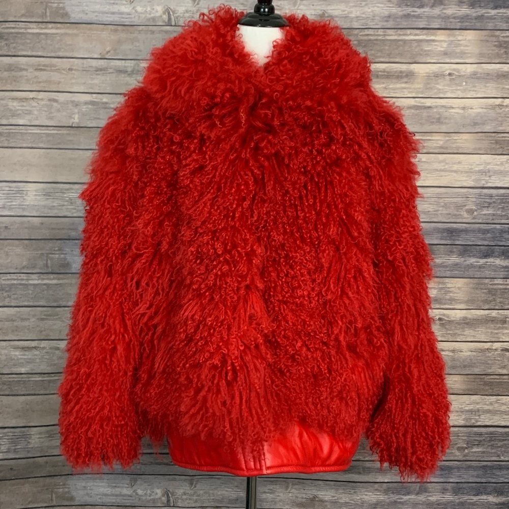 Red Fuzzy furry Mongolian Fur Coat